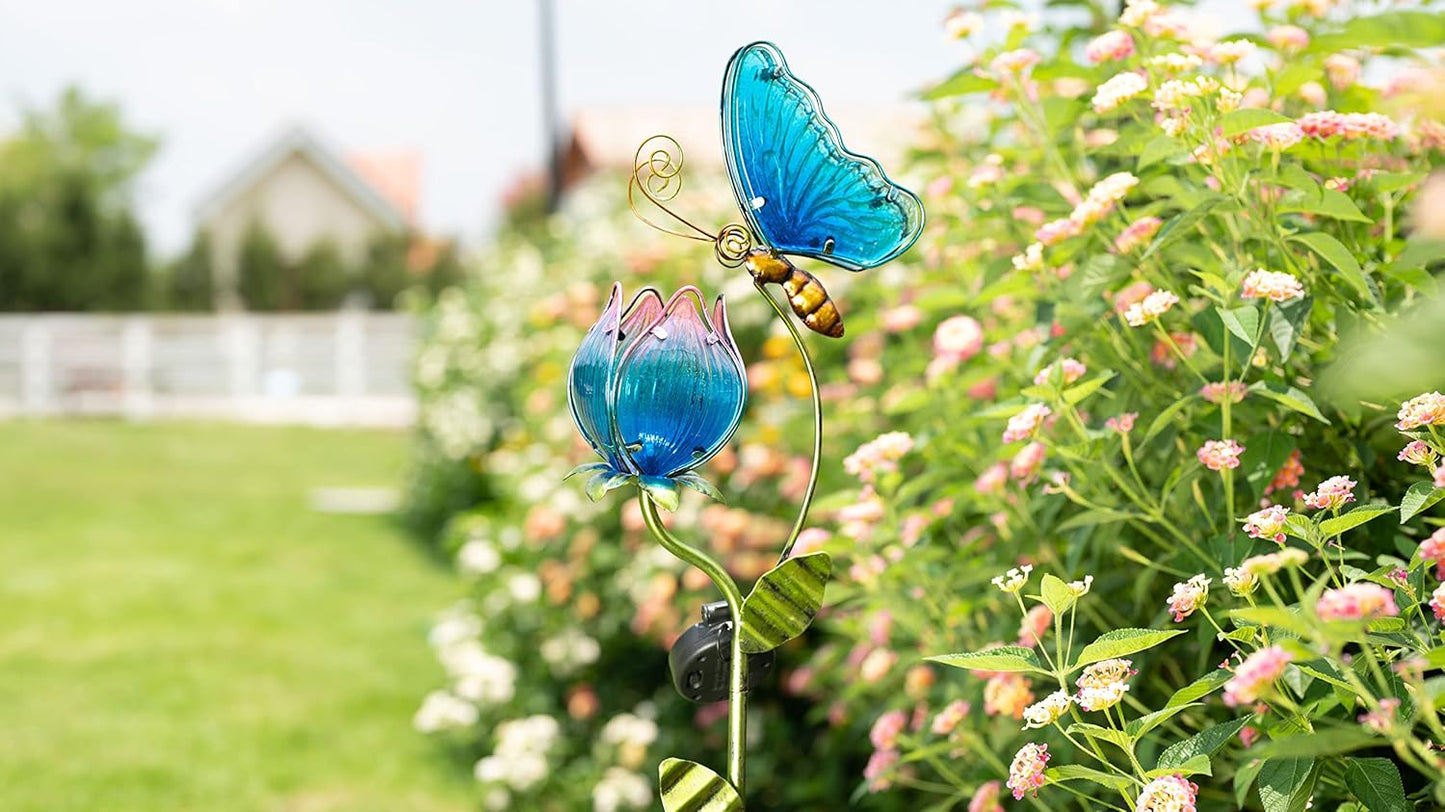 TERESA'S Collections Flower Yard Decorations Outdoor, 42'' Blue Glass Butterfly Solar Outdoor Lights Garden Decor for Outside, Metal Yard Art Garden Stake Decorative for Patio Decor,Gifts for Mom