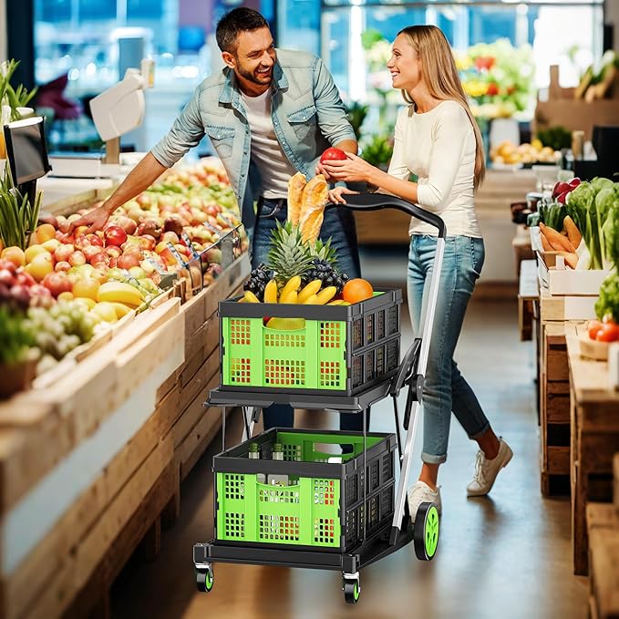 Collapsible Shopping Cart, 8-in-1 200LBS Multi Functional Utility Cart with 2 Storage Crate,Adjustable Handle Grocery Cart on Wheels for Shopping/Warehouse/Office/Supermarket -Green