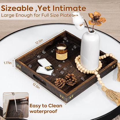 Yangbaga Serving Tray with Handles,12.5"*12.5"Wood Decorative Tray for Living Room,Modern Coffee Table Tray,Square Large Serving Platters for Home Decor,Ottoman,Bed,Kitchen,Bathroom, Breakfast,Bar