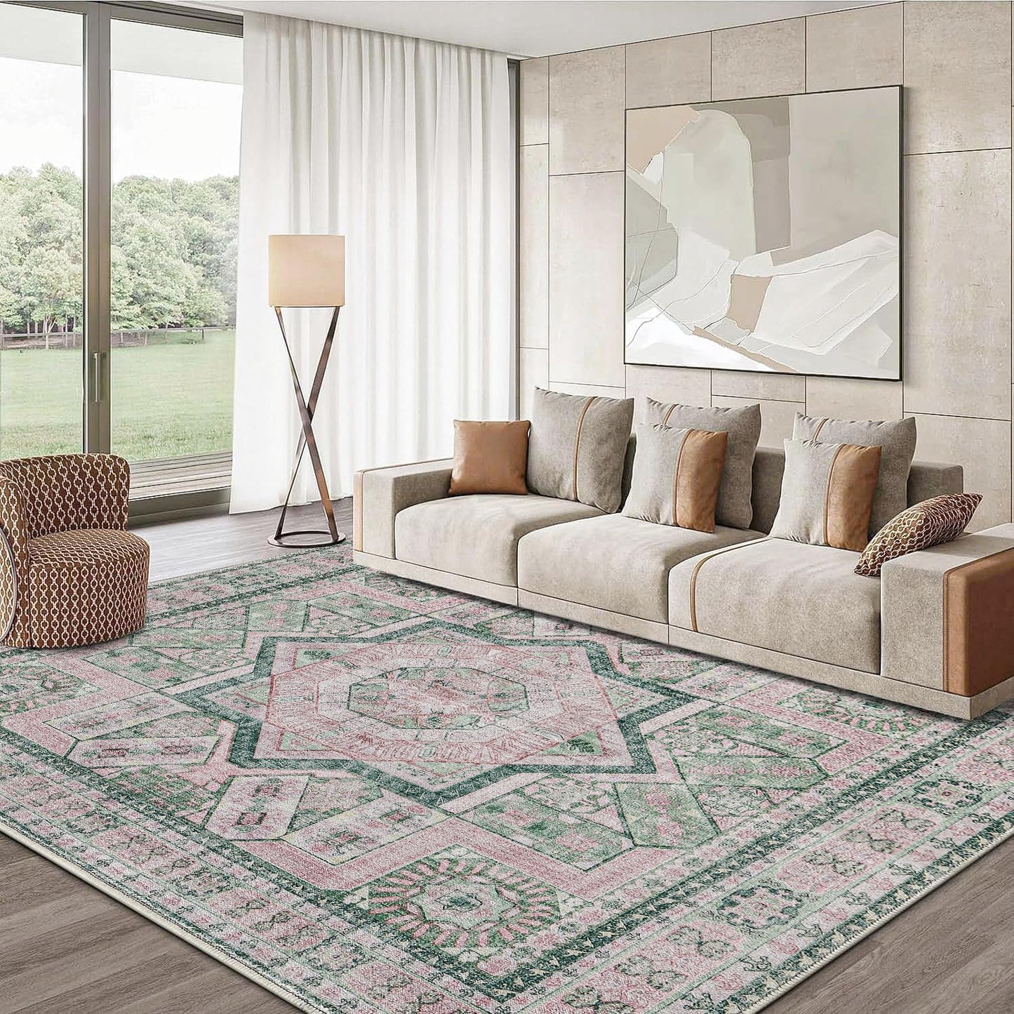 DCX Washable 8x10 Area Rug, Soft Machine Washable Non Slip with Rubber Backing Vintage Rug, Kid & Pet Friendly Living Room Area Rugs 8x10, Foldable Rugs for Bedroom Dining Room Office-Pink & Green