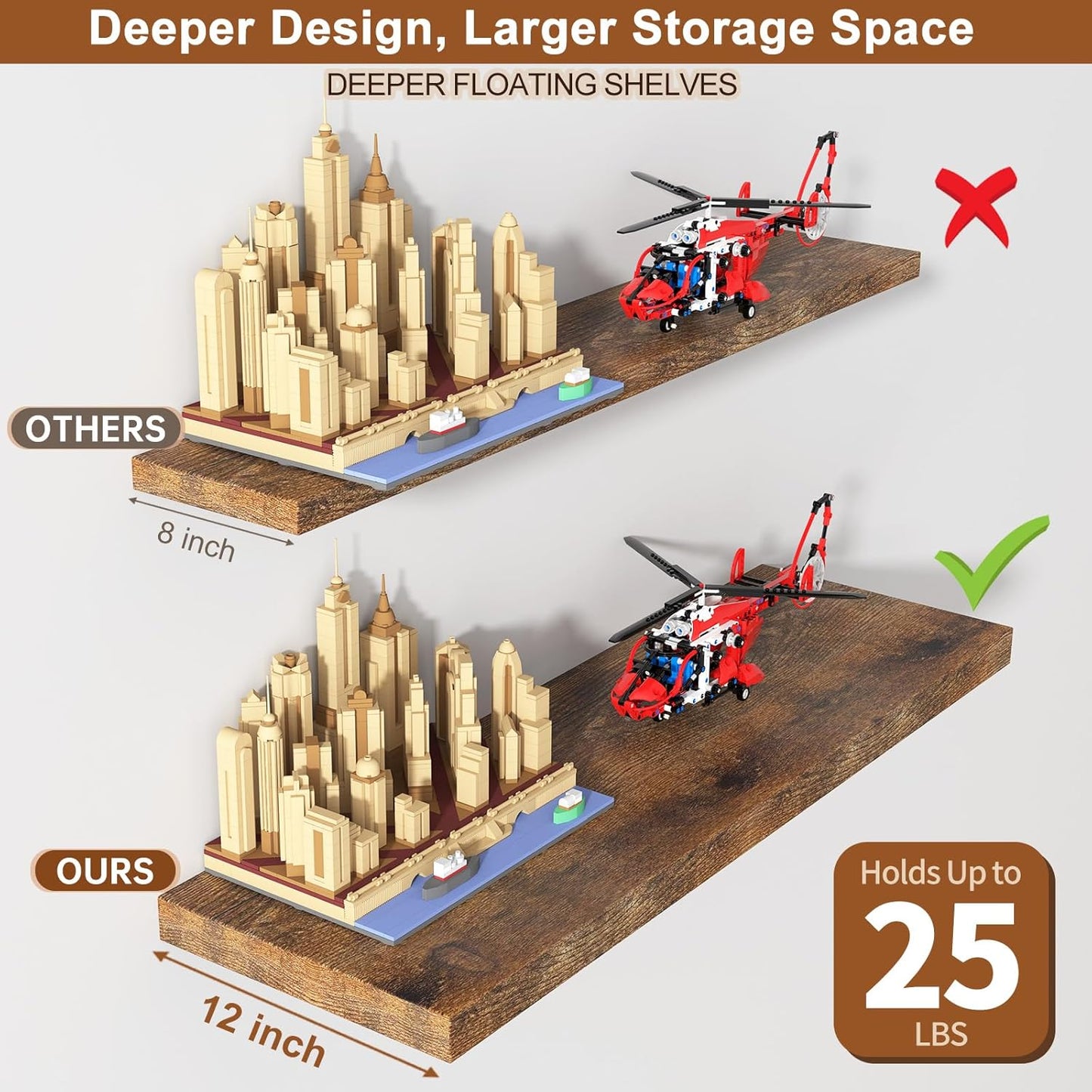 12 Inch Deep Floating Shelves for Wall 1 Pack Floating Shelves Large Storage Space Wall Mount Shelf for Living Room Kitchen Bathroom 36" W x 12" D x 1.2" H Rustic Brown