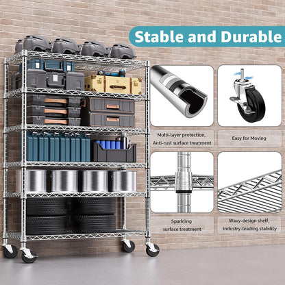 Steel Storage Shelving 6-Tier Utility Shelving Unit with Wheels, Steel Organizer Wire Rack for Home,Kitchen,Office,Garage,17.7" D x 47.2" W x 76.7" H