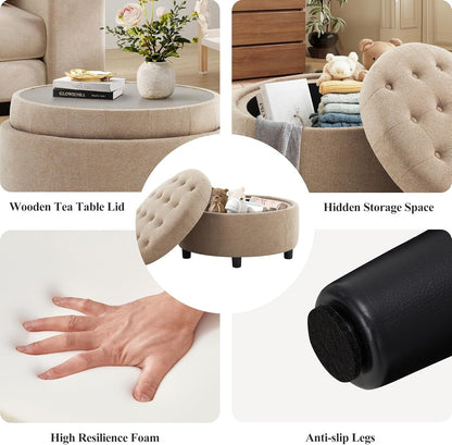 COLAMY Fabric Round Storage Ottoman with Reversible Tray Lid – Multi-Functional Footrest, Hidden Storage, Sturdy & Stylish Small Coffee Table for Living Room, Bedroom, or Entryway(Camel)