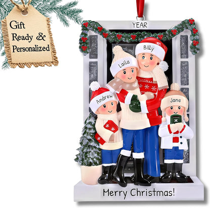 Personalized Family Christmas Ornaments 2025 | Custom Name & Year | 4 Person Cozy Winter Scene with Mom, Dad, 2 Kids by Tree | Customized Unique Ornament Keepsake Gifts to Personalize Xmas Decoration
