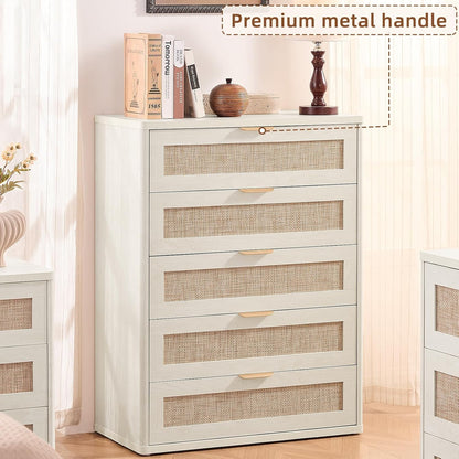 LEYAOYAO White Dresser for Bedroom, 41" Tall Chest of Drawers, Modern 5 Drawers Boho Rattan Dressers with Storage, Dresser Wooden Closet Organizer for Living Room, Hallway