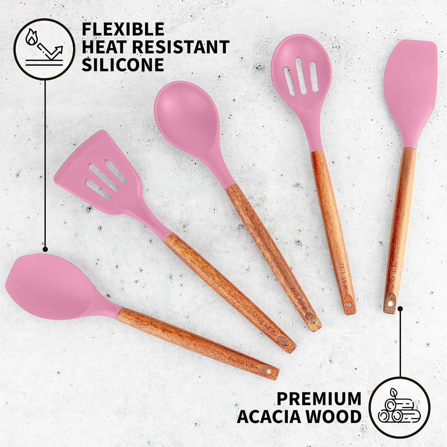Zulay Kitchen Non-Stick Cooking Utensils Set with Authentic Acacia Wood Handles – 5-Piece Durable & Stylish Silicone Kitchen Utensils Set – Heat Resistant to 464°F – Pink