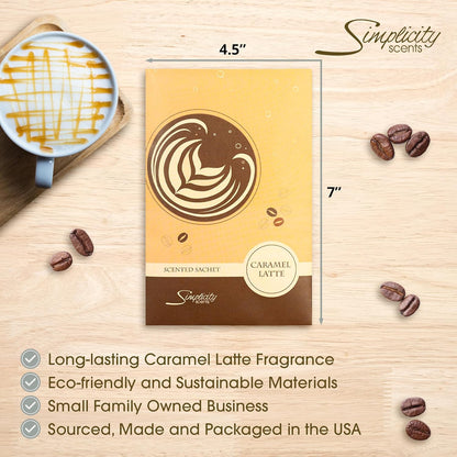 Floral Simplicity Caramel Latte Scented Sachets Pack of 6, Fall & Winter - Long-Lasting Scented Bags, Home Fragrance, Air Freshener & Deodorizer for Closet, Room, Drawer, or Cars, Made in The USA