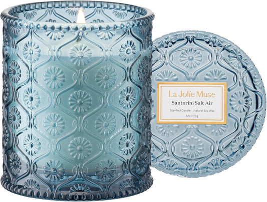 LA JOLIE MUSE Santorini Salt Air Candle - Bergamot, Sea Daffodil, Sandalwood | 6 oz Natural Soy Wax | 40 Hours Clean Burn | Ocean Scented Candle | Gift-Ready for Hosts & Gatherings