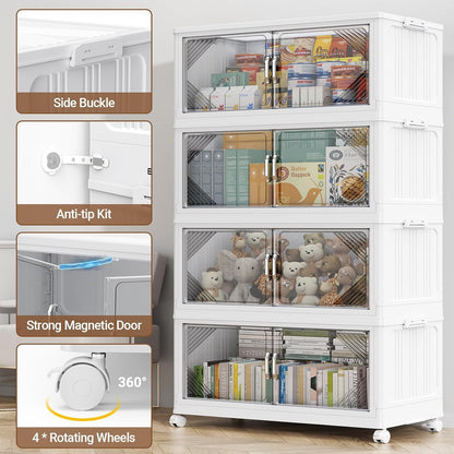 140Gal Plastic Stackable Storage Bins with Lid, 560QT Extra Large Closet Organizers Collapsible Cabinets Boxes with Drawers, Foldable Containers with 4X Wheels for Home Kitchen, V60 4Pack White