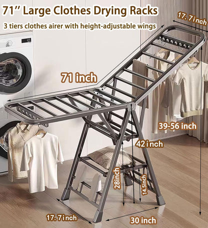 Mimiblack Heavy Duty Clothes Drying Rack Foldable with Wheels, 71'' Extra-Thick Metal Laundry Dryer Stand, 27 Rods Free-Standing for Indoor/Outdoor Windproof Use - Large Size