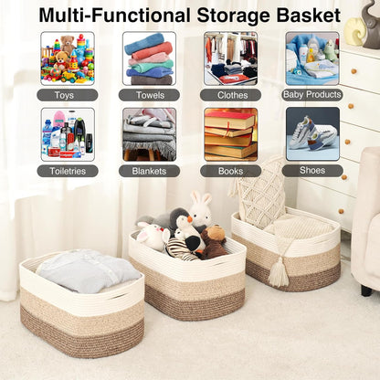 Large Storage Baskets for Organizing Shelves, Woven Cotton Rope Bins for Baby Nursery Organization, Book Toy Towel Organizer, 17"x13"x9.5", 3 Packs, Gradient Brown