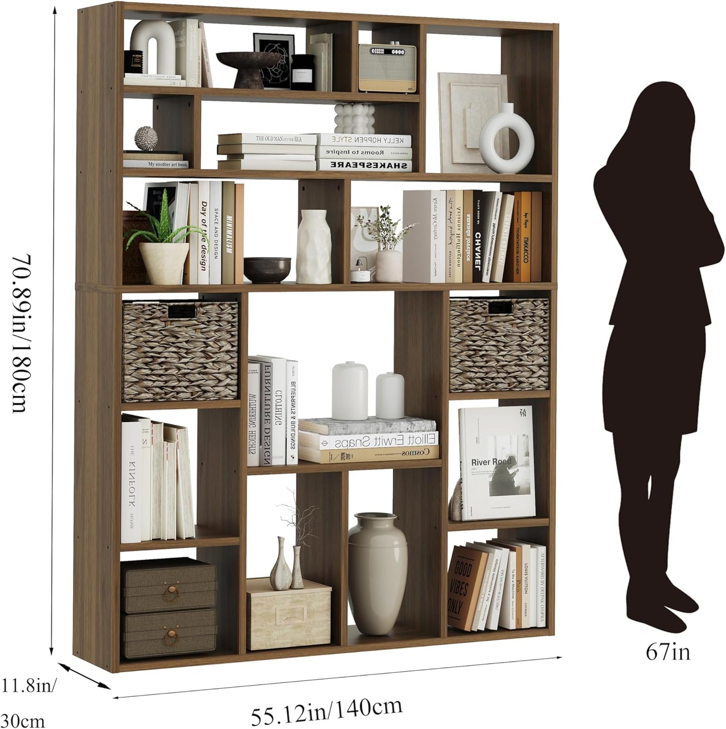 BLANKSPACE 71'' H 6-Tier Large Bookcase, Heavy Duty Storage Shelf - Freestanding Organizer for Bedroom 2 Woven Baskets, Home Office, Living Room, Brown Walnut