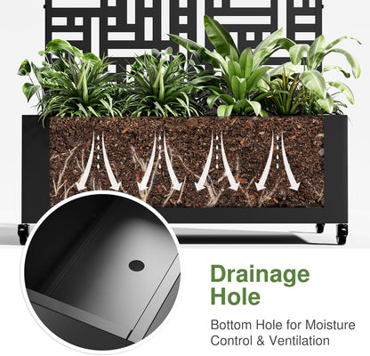 Casaphoria Metal Raised Garden Bed with Trellis and Wheels, 72"x47"x16" Planter Box for Climbing Plants, Vegetables & Vines, Features Drainage Holes and Privacy Screen (Black-Helen)