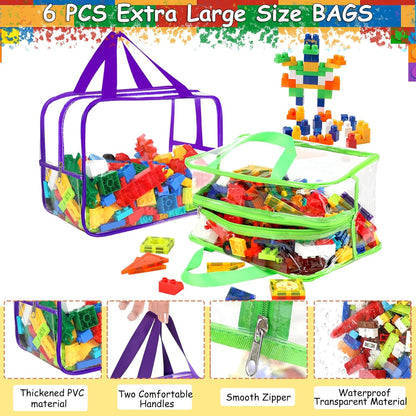 6 Colors Widen X-Large Toy Storage Bags 12.6×9.25×6.9In with Labels, Reusable Clear PVC Board Game Storage, Travel Waterproof Organizer Bags with Zipper for Building Blocks, Puzzle, Stuffed Animals
