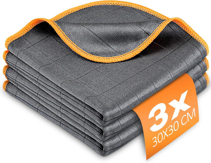 Airlab Carbon Microfiber Towels for Car Glass Window Polishing Cleaning Cloth Auto Detailing Lint Free Streak Free Drying Car Wash Towel, Pack of 3, 12" x 12", Grey-Orange