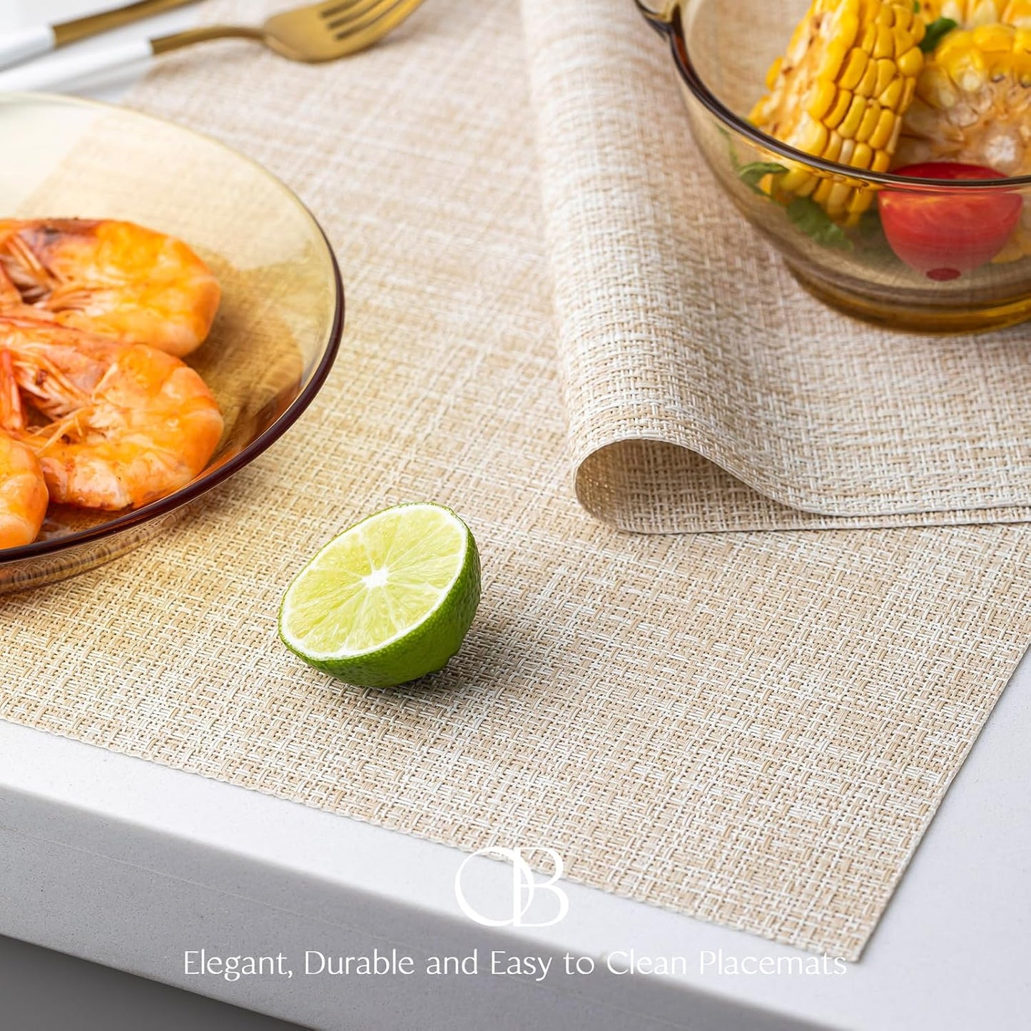 Placemats Set of 4 - Easy Clean Woven Vinyl Placemat for Dining Table, Indoor/Outdoor Place Mats, Washable PVC Table Mats（Beige）