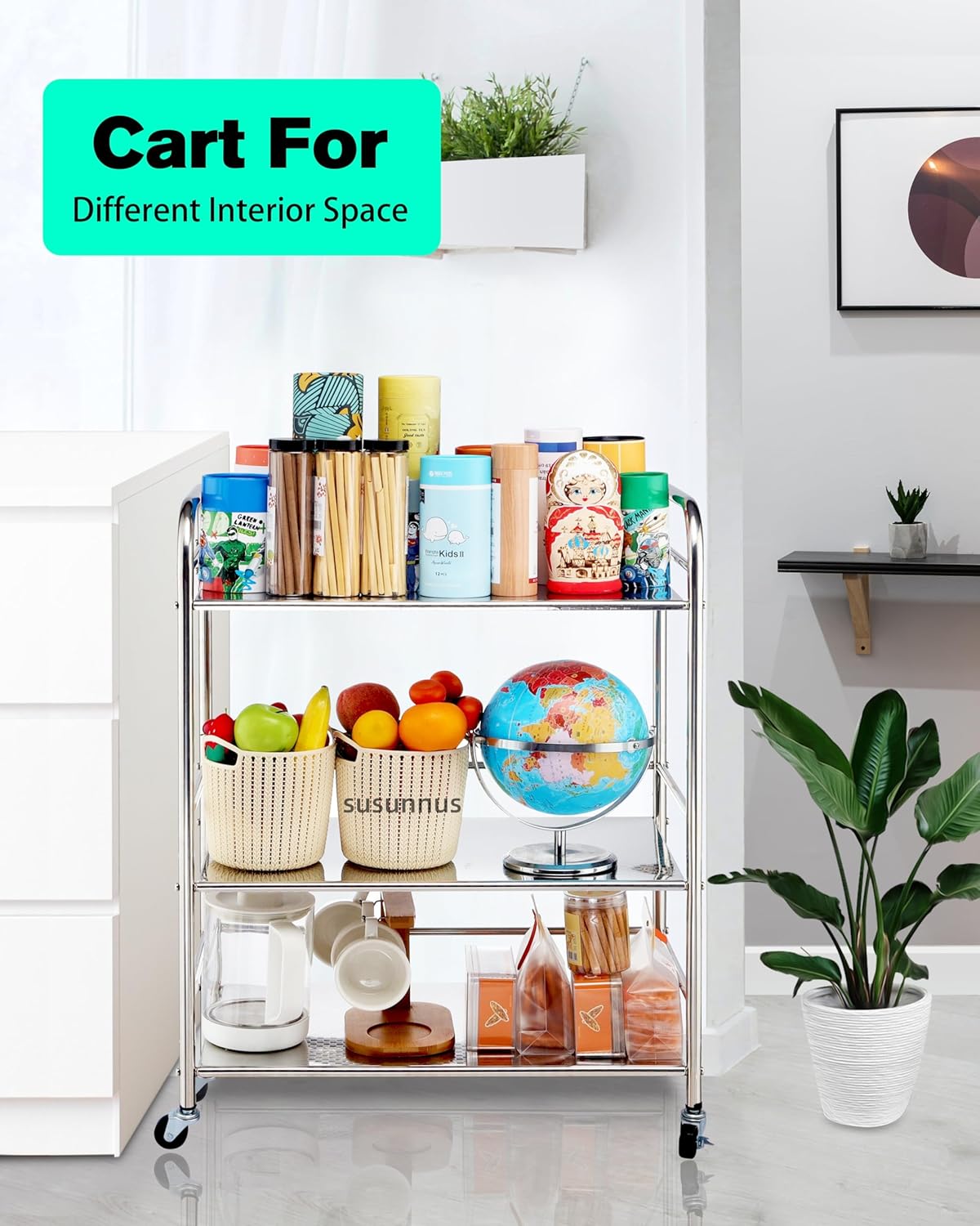 susunnus Stainless Steel Cart with Wheels 3 Tier,Stainless Steel Kitchen Cart,Utility Cart,Metal Cart with Wheels,Suitable for Various Occasions,Movable,Gift Tools