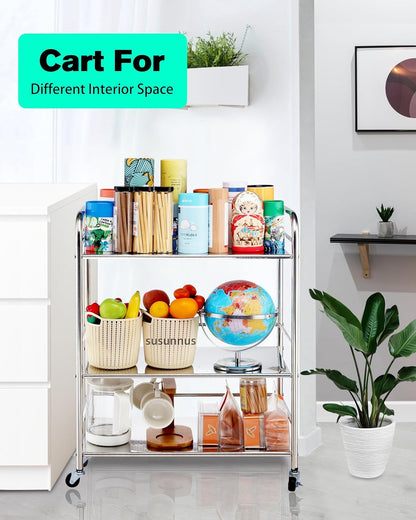 susunnus Stainless Steel Cart with Wheels 3 Tier,Stainless Steel Kitchen Cart,Utility Cart,Metal Cart with Wheels,Suitable for Various Occasions,Movable,Gift Tools