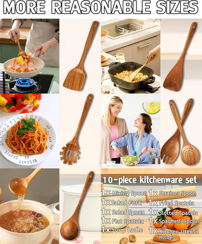 Wooden Spoons for Cooking,Wooden Cooking Utensil Set,10-Piece Wooden Kitchen Utensil Set with Wooden Spoons(A10)