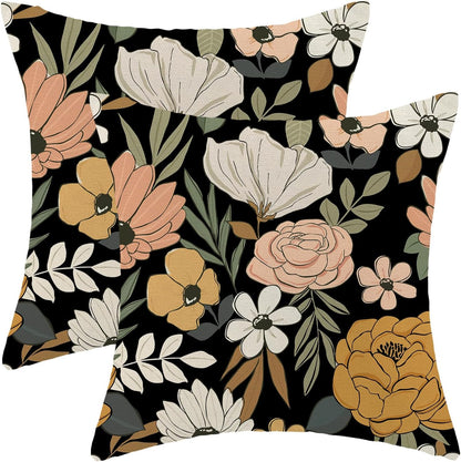 CXMEIFLY Spring Floral Pillow Covers 20 x 20 Inch Set of 2 for Vintage Pink Mustard Yellow Cream Flowers Decor Throw Pillows Plant Black Outdoor Decorative Cushion Cases for Couch Bed Decorations