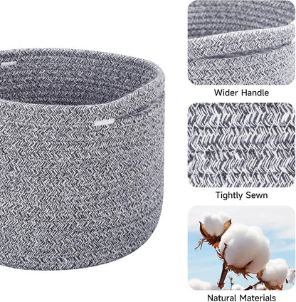 Small Basket for Organizing | Cube Shelf Closet Storage Baskets | 9.7×9.7×7.1” | Woven Rope Gift Basket | Nursery | Round 3 Packs Mixed Grey