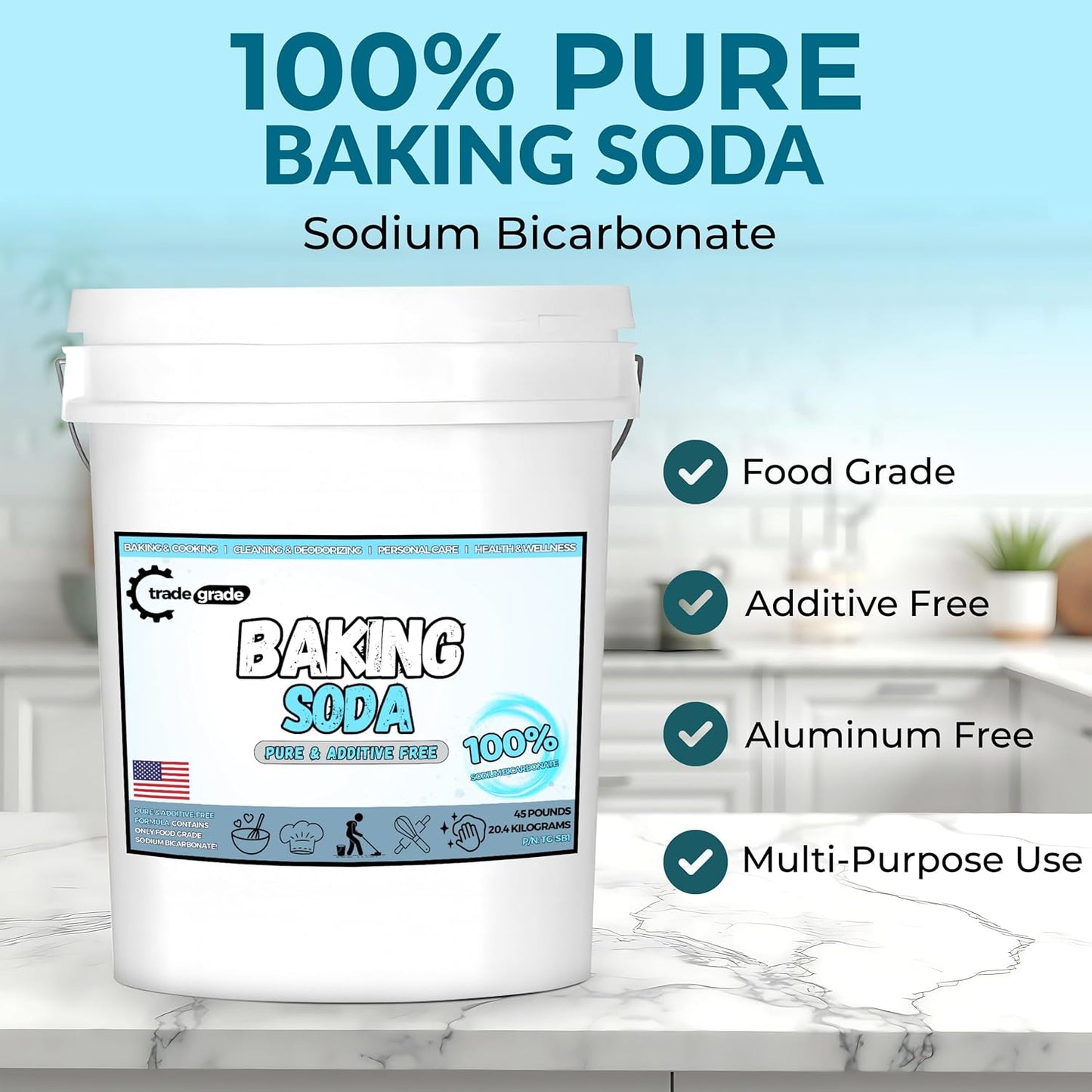 TradeGrade Pure Baking Soda Powder – 45 lb Bucket, Sodium Bicarbonate Powder | Premium Food-Grade for Baking, Bread, Cookies & More | Baking Soda for Cleaning, Natural Cleaner & Deodorizer