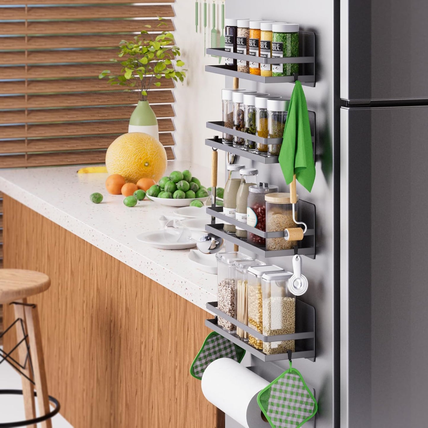 Magnetic Spice Rack Moveable Magnetic Shelf Organizer with Paper Towel Holder Kitchen Refrigerator Seasoning Storage Rack Fridge Magnet Organizer,Grey,3 Packs