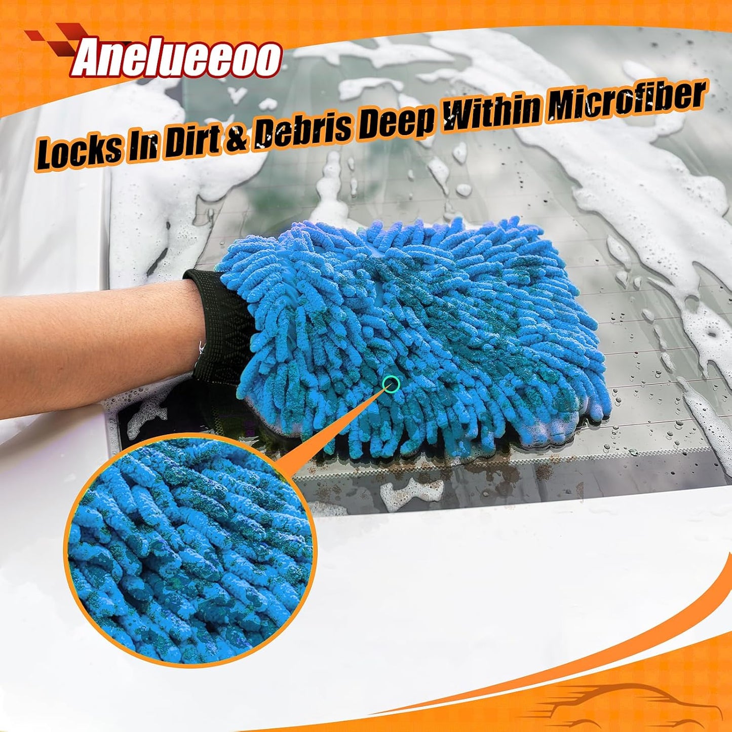 Car Wash Mitt Microfiber, Premium Chenille Microfiber Wash Car Mitts Sponge Scratch Free & Lint-Free, Mitts Waterproof Lining 4 Pack Blue (8''X12'')