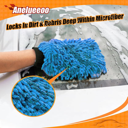 Car Wash Mitt Microfiber, Premium Chenille Microfiber Wash Car Mitts Sponge Scratch Free & Lint-Free, Mitts Waterproof Lining 4 Pack Blue (8''X12'')
