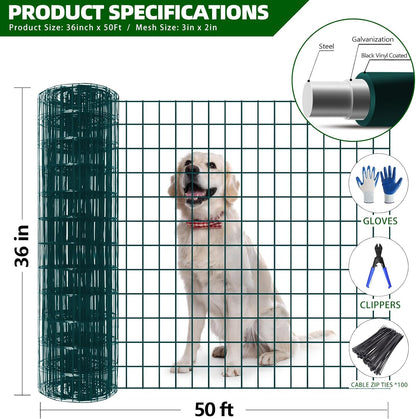 Welded Wire Fence, 50ft(L) x 36inch(H) PVC Coated Wire Fencing for Dog, 2 Inch x 3 Inch 16GA Fencing for Chicken, Anti-Rust Roll Metal Wire Mesh Fence for Yard Vegetable, Green