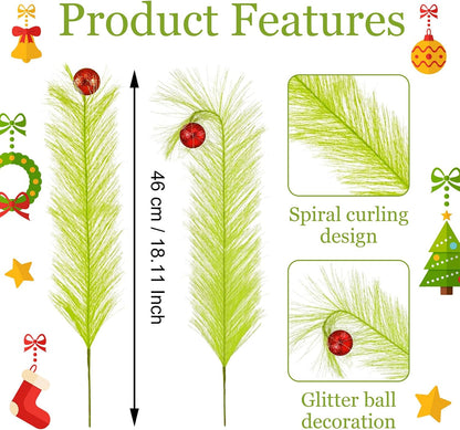 12 Pcs Christmas Tree Topper - 18" Christmas Tree Picks and Sprays Lime Green Curly Stems with Red Ball Artificial Xmas Decorations for Vase Fillers Wreath Home Party Holiday Docor