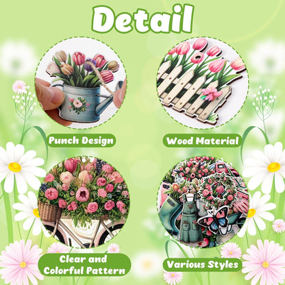 48PCS Spring Decor Wooden Flowers Ornaments Hanging Tulips Signs Decorations for Home Small Tree Party