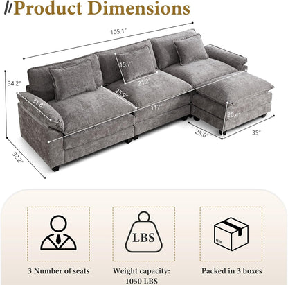 URRED Modular Sectional Sofa Comfy Cloud Couch, Modern Chenille Sofa Sleeper Deep Seat Couches with Ottoman/Pillows for Living Room (Gray, 117''- L Shape)