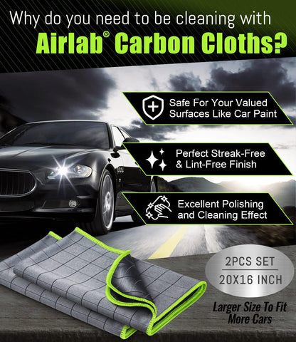 Airlab Carbon Microfiber Towels for Car Glass Window Polishing Cleaning Cloth Auto Detailing Lint Free Streak Free Drying Car Wash Large Towel, Pack of 2, 20" x 16", Grey-Green