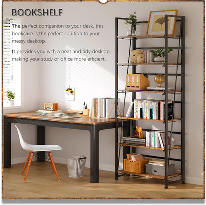 4NM No Assembly Foldable Bookshelf, 6-Shelf Collapsible Bookcase Storage for Small Spaces, 74" H, Rustic Brown and Black