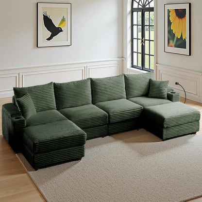 Modular Sectional Sofa Couch, Plush Corduroy Fabric Sectional Couches for Living Room with USB Charging Ports, Phone Holders, and Multi-Functional Storage Armrests (Green, 4set+2ottoman)