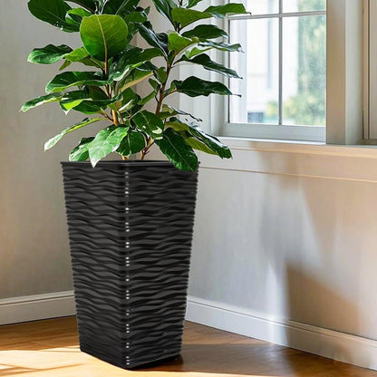 Worth Garden 2-Pack 22" H. Black Square Tapered Planter with Inside Pots - Plastic Plant Pots for Indoor Outdoor - Modern Wavy Finish Decorative Flower Pots for Front Porch Containers Patio Deck