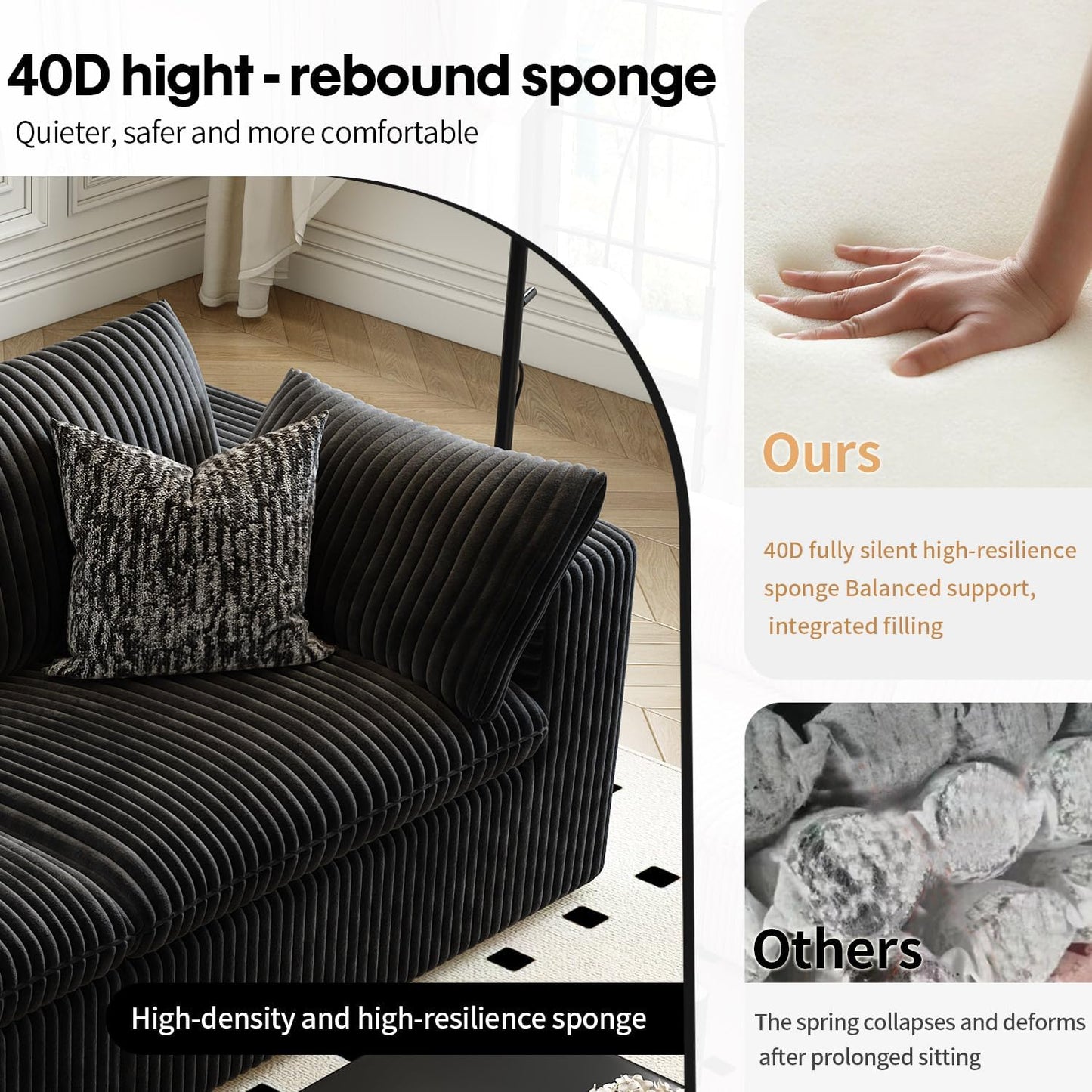 157.5" Cloud Couch Modular Sectional Sofa for Living Room,Modern Sofa with Deep Seat，4 Seater Boneless Couch,Comfy Upholstered Corduroy Couches for Apartment, Studio, Office,Bedroom，Black