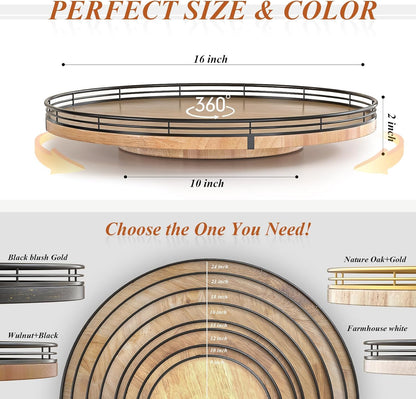 16" Lazy Susan Oak Wood Turntable Organizer for Cabinet, Farmhouse Round Wooden Large Lazy Susan Organization and Storage for Dining Table, Pantry, Kitchen, Bathroom, Countertop, Cupboard, Home Decor