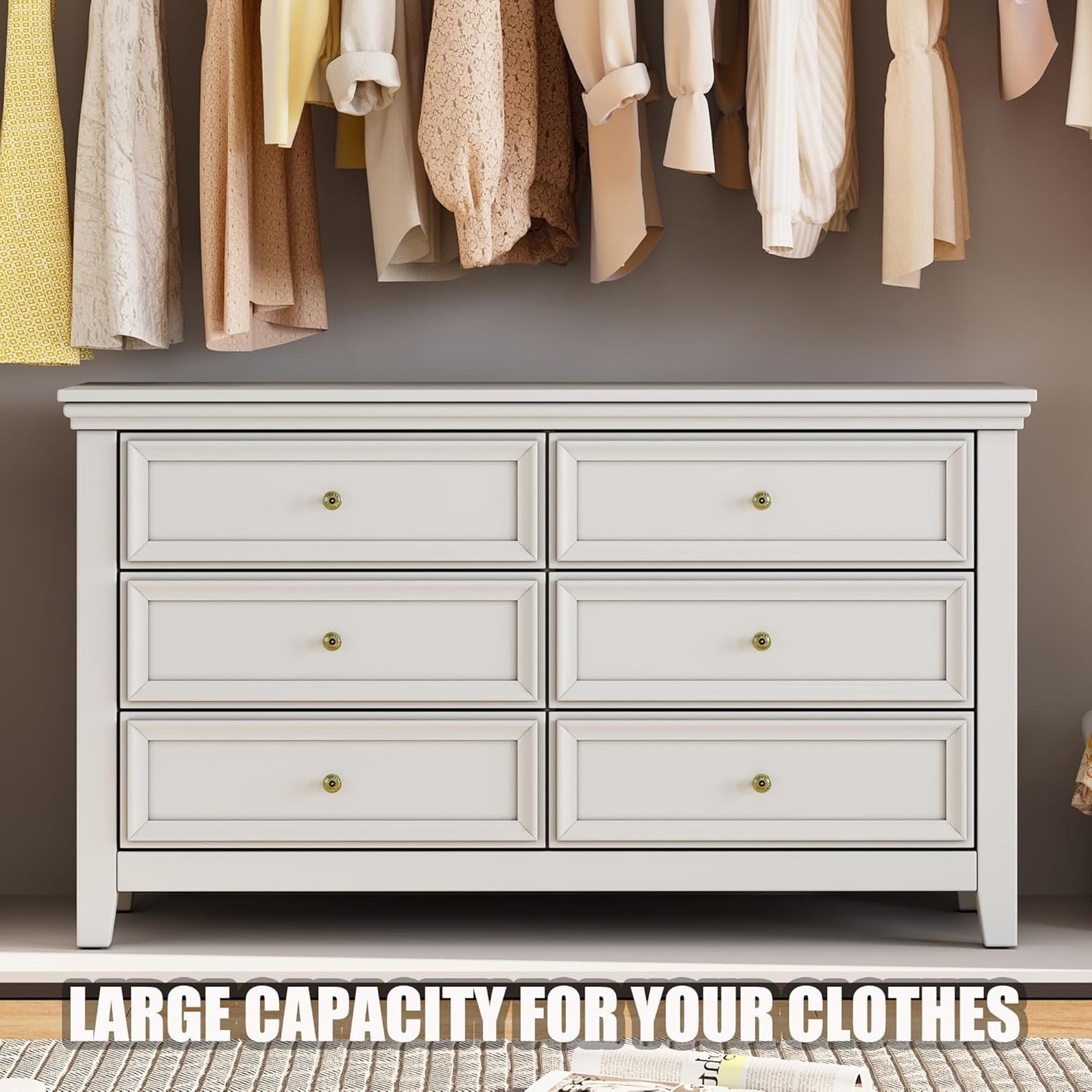 BLANKSPACE White 6 Drawer Dresser, Modern Dresser for Bedroom, Wood Drawer Organizer with Metal Knobs, Large Capacity Cabinet for Bedroom, Hallway