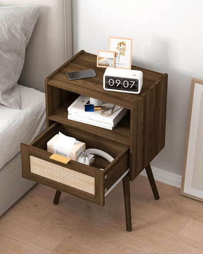 Rattan Nightstand,Modern Bedside Table with Storage Drawer and Open Wood Shelf, for Living Room, Bedroom and Small Spaces, Accent Night Stand with Solid Wood Legs, Easy Assembly,Walnut Brown
