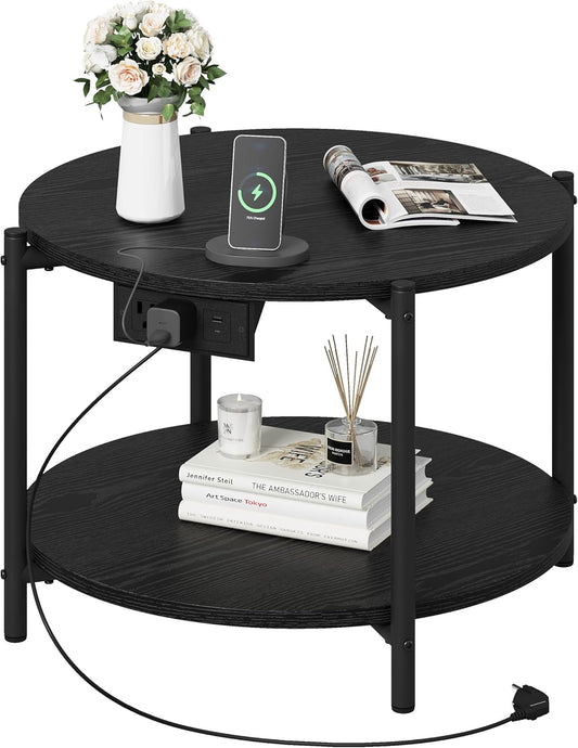 LIKIMIO Side Table, 23.6" W Round End Table with Charging Station, Modern Wooden Nightstand for Small Spaces, Living Room, Bedroom