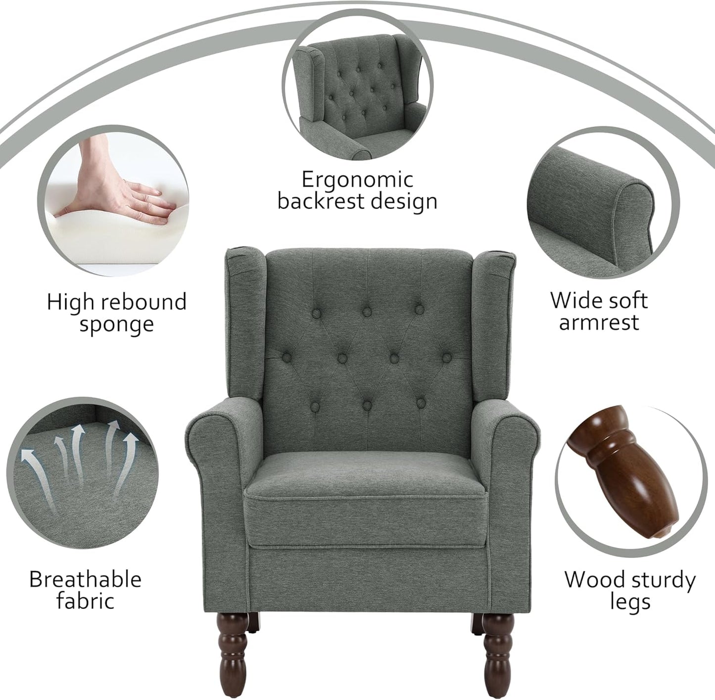 Lumibee High Back Accent Chair Set of 2,Upholstered Wingback Armchair with Solid Wood Legs for Small Spaces,Comfy Single Sofa Chair for Living Room,Bedroom,Office-Gray