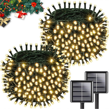 Solar String Lights Outdoor Waterproof 2PK 200LED 66FT Twinkle Lights Auto On/Off Solar Powered LED Fairy Light Green Wire with 8 Modes for Christmas Tree Party Wedding Garden Decoration (Warm White)
