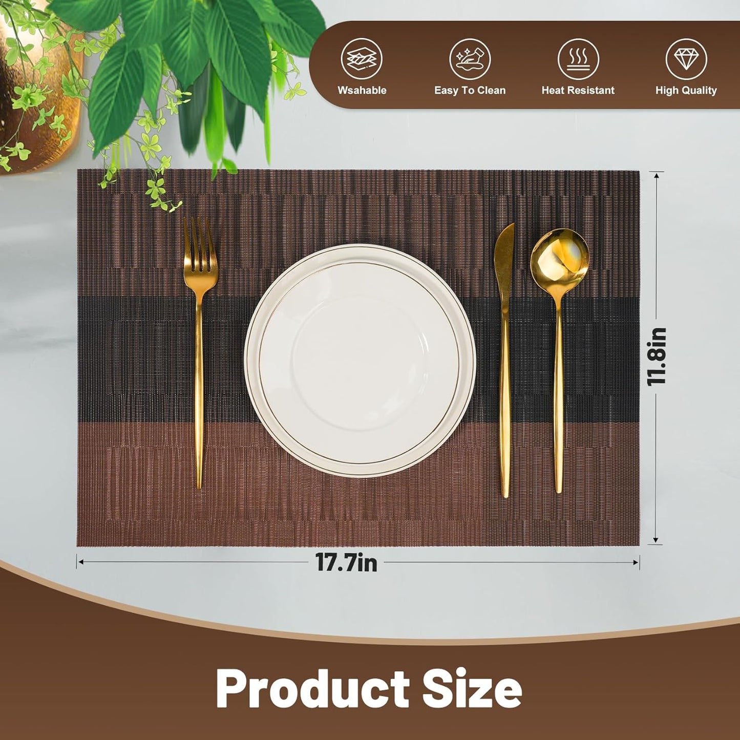 Placemats Set of 12，Non-Slip PVC Weave Table Mats Easy to Clean，Heat Resistant Place Mats for Kitchen Dining Table Decoration Indoor Outdoor，Black Brown