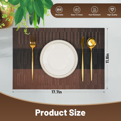 Placemats Set of 12，Non-Slip PVC Weave Table Mats Easy to Clean，Heat Resistant Place Mats for Kitchen Dining Table Decoration Indoor Outdoor，Black Brown