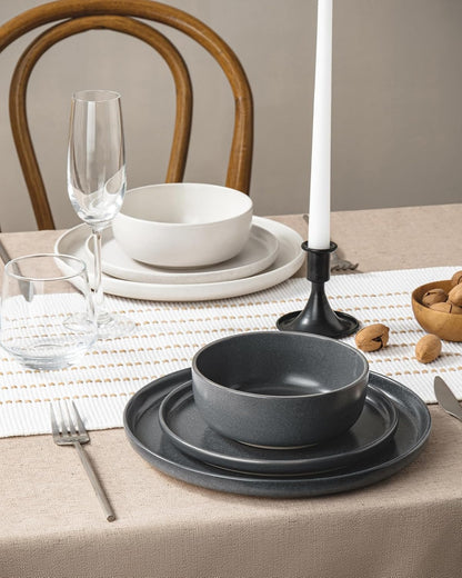 Famiware Milkyway Plates and Bowls Sets, 12 Pieces Dinnerware Sets, Reactive Glaze Dish Set, Stoneware Dishes Set for 4, Matte White & Matte Dark Charcoal