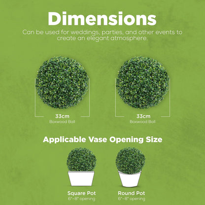DRAY Premium 13" Faux Boxwood Balls – Set of 2 Artificial Topiary Spheres for Outdoor & Indoor Use – Realistic, UV-Resistant, Weatherproof Decorative Greenery – Check Measurements