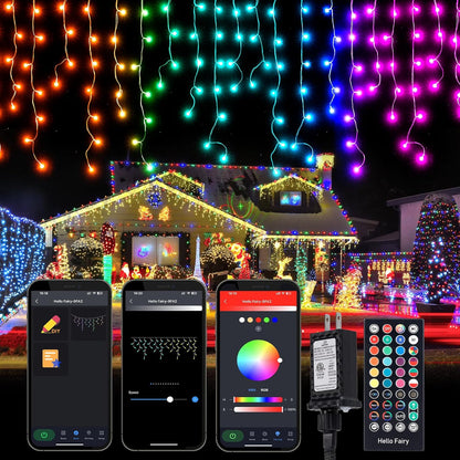 Brightown Smart Icicle Lights for Outside, 33Ft 304 LED RGB Smart Christmas Lights with 58 Preset Modes, App or Remote Control, Music Sync, Memory and Timer Function for Indoor/Outdoor Use