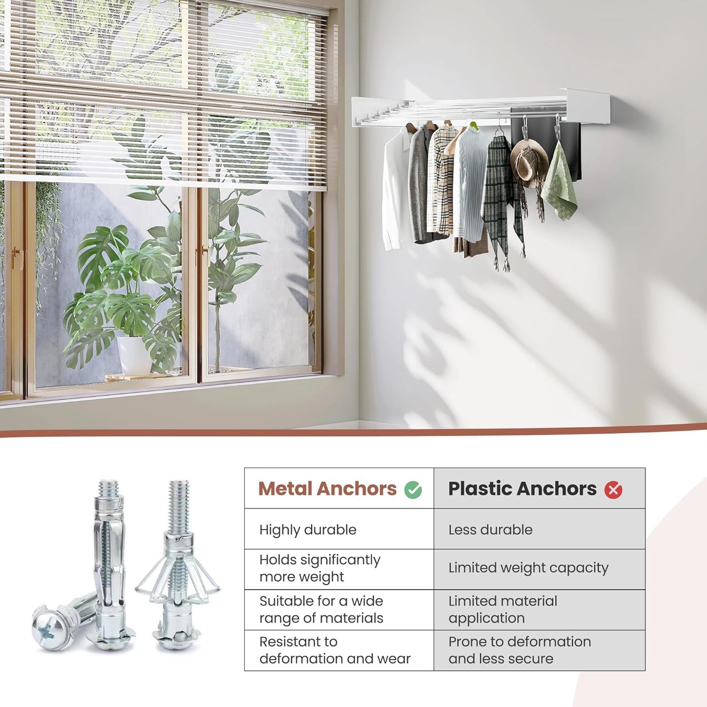 Foldable Wall-Mounted Drying Rack, Heavy-Duty 60 lb Capacity – Space-Saving Folding Laundry Hanger with 10 Clips, Rust-Proof Aluminium Clothes Dryer for Indoor & Outdoor Use